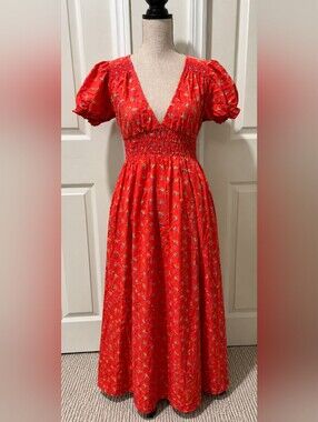 Urban Outfitters Liliana Cherry Floral Maxi Dress Puff Sleeve M